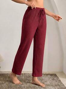 OYGA Women's Casual Burgundy Ribbed Knitted High Stretch Straight Leg Capri Sleep Bottom With Fake Drawstring - Burgundy - View 3