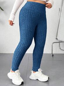 SHEIN EZwear Quần legging cạp cao, co giãn, màu xanh navy, cỡ lớn. - Xanh đậm - Xem 3