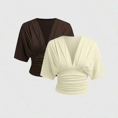 2Pcs Aloruh Casual Elegant Deep V Ruched Short Sleeve Top, Loose Top Tight Bott…