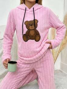 WovenCharm Bear Embroidered Kangaroo Pocket Drawstring Hooded Flannel Sleep Top - Pink - View 6