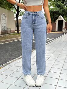 SHEIN PETITE Quần jean denim nữ dáng ôm, ống côn, dài đến 7/8, màu xanh dương, cạp thấp, dáng rộng, ống loe, quần jean nữ cỡ nhỏ. - Rửa nhẹ - Xem 4
