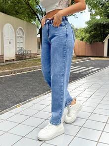 SHEIN PETITE PETITE 女款休閒修身 7/8 長度緊身牛仔褲，藍色低腰寬鬆牛仔褲，喇叭牛仔褲，小碼女款牛仔褲 - 中等水洗藍 - 查看 6