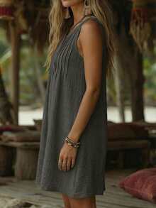 Balvessa Đầm không tay chất liệu giả vải lanh dành cho nữ - Xám - Xem 4