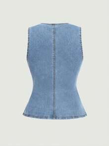 SHEIN MOD 女士休闲前扣无袖牛仔衬衫，夏季 - 淺色水洗藍 - 查看 2
