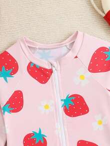 SHEIN Baby Girls' Strawberry & Daisy Print Rash Guard Swimsuit,Long Sleeve One-Piece With Front Zipper,Ruffle Hem,Bow Decor Summer Holiday Beach Pool Wear - Pink - View 3