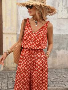 Brillora Mono informal de mujer con estampado total y cuello en V - Rojo - Ver 3