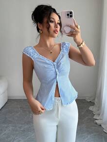 SHEIN Tall Phong cách thành thị thanh lịch, trang phục mùa hè mới dành cho nữ, màu xanh trắng kẻ sọc dọc, cổ chữ V, tay bồng, eo thắt, ngọt ngào, phù hợp cho mặc hàng ngày, đám cưới, dạ hội, đi làm, tiệc tốt nghiệp, ngày lễ, kỳ nghỉ, hẹn hò, lễ Phục sinh, tiệc tùng, Halloween, Giáng sinh, Năm mới, Lễ Tạ ơn, áo kiểu nữ dự tiệc cưới - Màu xanh lam - Xem 5