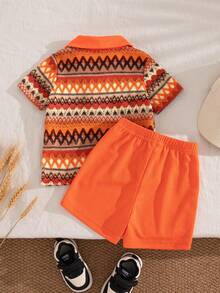 SHEIN Baby Boy Burnt Orange Summmer Boho Vacation Outfit,Textured Geometric Pattern Polo Shirt And Shorts Set,Retro Streetwear Casual Short Sleeve Clothes - Orange - View 3
