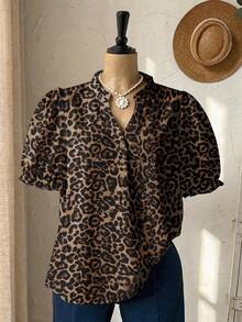Rusticease Plus Size Women Casual Vintage Leopard Print Lantern Sleeve Shirt, Suitable For Summer - Multicolor - View 4