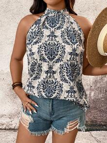 Breezaya Plus Size Women Floral Print Halter Tie Neck Blouse, Fashionable For Beach Vacation - Multicolor - View 3