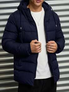 Cottnline Men's Young Casual Textured Grid Fabric Slim Fit Padded Coat - Navy Blue - View 2