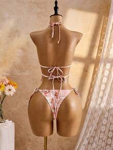 Bellisia Conjunto de bikini de dos piezas con estampado tropical lindo, cuello de halter con lazo, pantalones con lazo lateral para playa, vacaciones y fiestas casuales - Multicolor - Ver 2