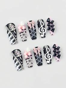 ROMWE Anime 10 Note Star Bow Fake Nail Pads And A Piece Of Double-Sided Tape - Black and pink - View 2