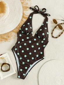 Swim Mod Nuevo traje de baño de una pieza para mujer, con tirantes gruesos, estampado de lunares, sexy y con espalda descubierta, para vacaciones en la playa, Primavera/Verano 2026 - Marrón - Ver 6
