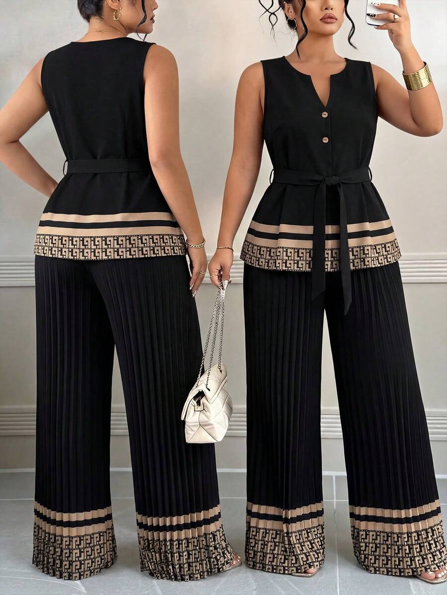 GlowEve CURVE 大码女装畅销几何回文图案印花无袖套头衫，搭配同款图案褶裥宽松阔腿裤，弹性腰带，高透气性，饰有装饰纽扣，配有腰带，Regalyn 简约时尚通勤工作日常百搭款 - 彩色 - 查看 1