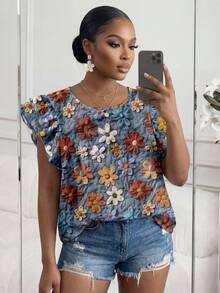 SHEIN Lady CURVE Camicia ampia da donna stile casual ed elegante, stile retrò vacanziero, con motivo floreale tropicale in lana sintetica, collo tondo, doppio strato, maniche corte, adatta per l'estate - Blu - Visualizzare 5