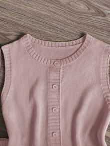 GlowEve Women's New Retro Single-Breasted Round Neck Solid Color Knit Sweater Vest Cardigan, Versatile Shorts Daily Outfit, 2-Piece Sweater Set - Pink - View 4