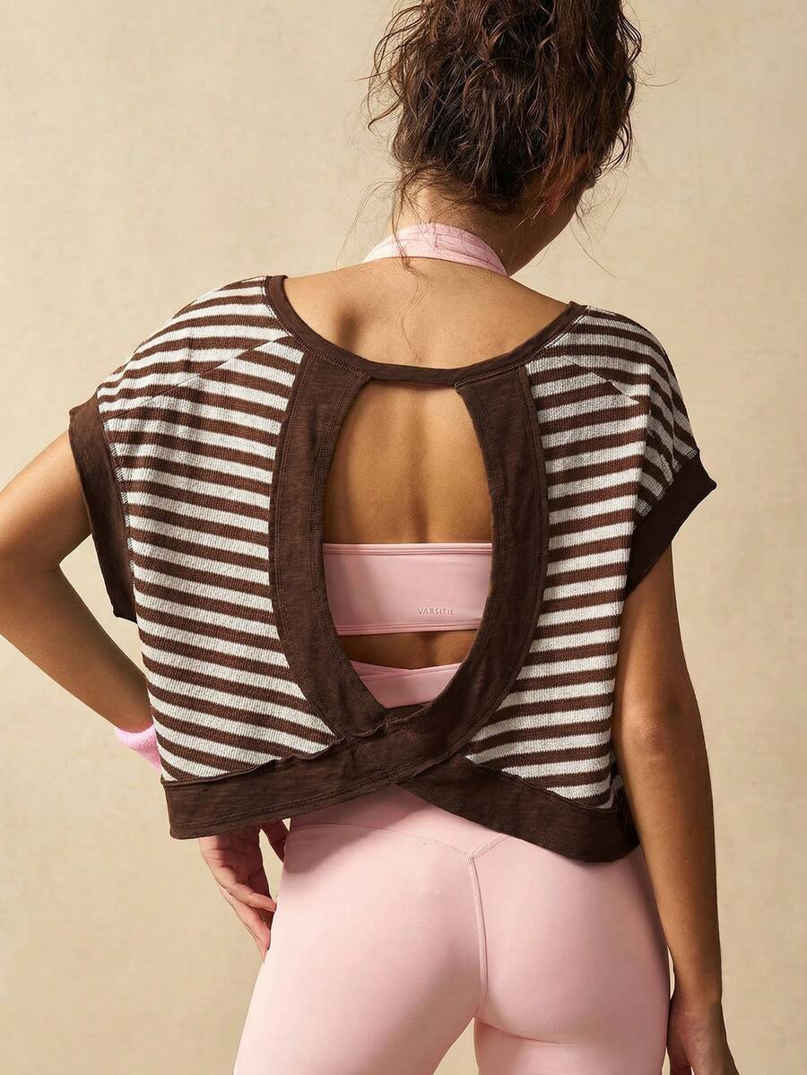 VARSIVA Tops de mujer para hacer ejercicio, camiseta y top deportivo de moda a rayas, adecuado para el verano - Café integral - Ver 1