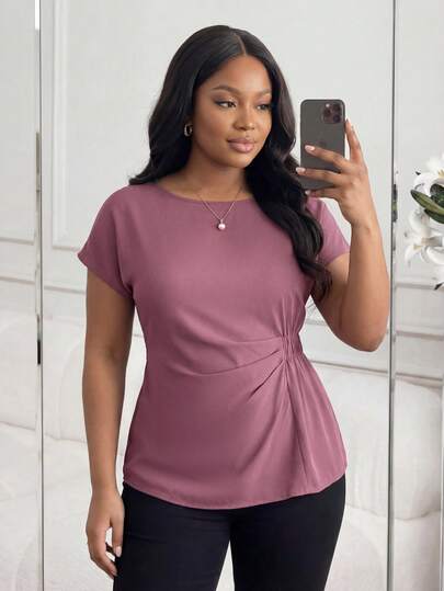 SHEIN Lady CURVE 大码女式休闲纯色蝙蝠袖褶皱腰衬衫，夏季