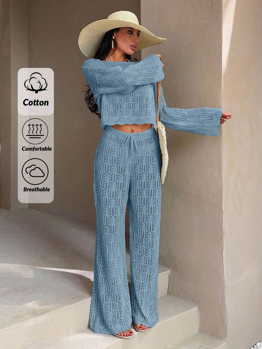 EURMUSE Ivory Open-Knit Two Pieces Set With Flared Pants And Long-Sleeve Top, Featuring A Lightweight And Breathable Fabric For Boho-Chic Styles Women For Summer Hollow Out - Baby Blue - View 1