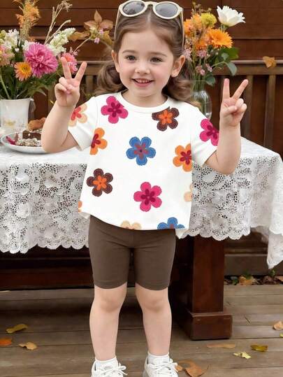 1 Set Niña Casual Dulce Lindo Estampado Floral Manga Corta Cuello Redondo Camiseta y Pantalones Cortos de unicolor, Adecuado para Salidas en Verano, Conjunto de Camiseta Refrescante con Estampado Floral, Aplicable para Uso Diario Casual y Ocasiones de Vacaciones/Vacaciones