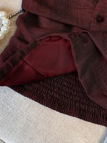 GlowEve Denim-Effect Fabric Button Decor Ruched Elegant Camisole Top For Women - Burgundy - View 3