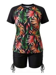Swim Lushoire Ensemble Bikini Tropical Imprimé En Grande Taille Avec Patchwork - Noir - Voir 6