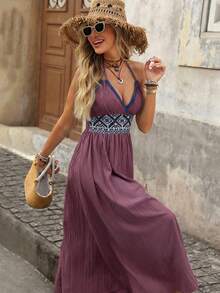 Brillora 女士夏季性感波西米亚度假风几何拼接系腰露背连衣裙 - 酒紅色 - 查看 1