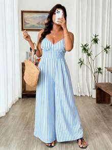 Weeklong Plus Size Women's New Elegant Casual Striped Backless Bow-Tie Design Jumpsuit, Spring/Summer - Multicolor - View 8