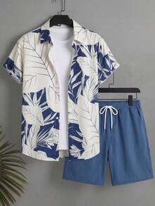 Manfinity Swimmode 男士树叶印花单排扣短袖上衣和短裤休闲度假沙滩套装 - 霧霾藍 - 查看 2