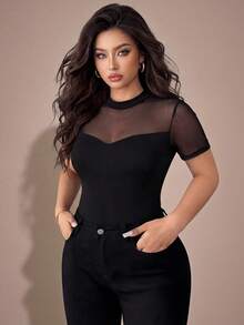 SHEIN Tall CURVE Plus Size Elegant Solid Color Stretchy Fitted Sheer T-Shirt - Black - View 1