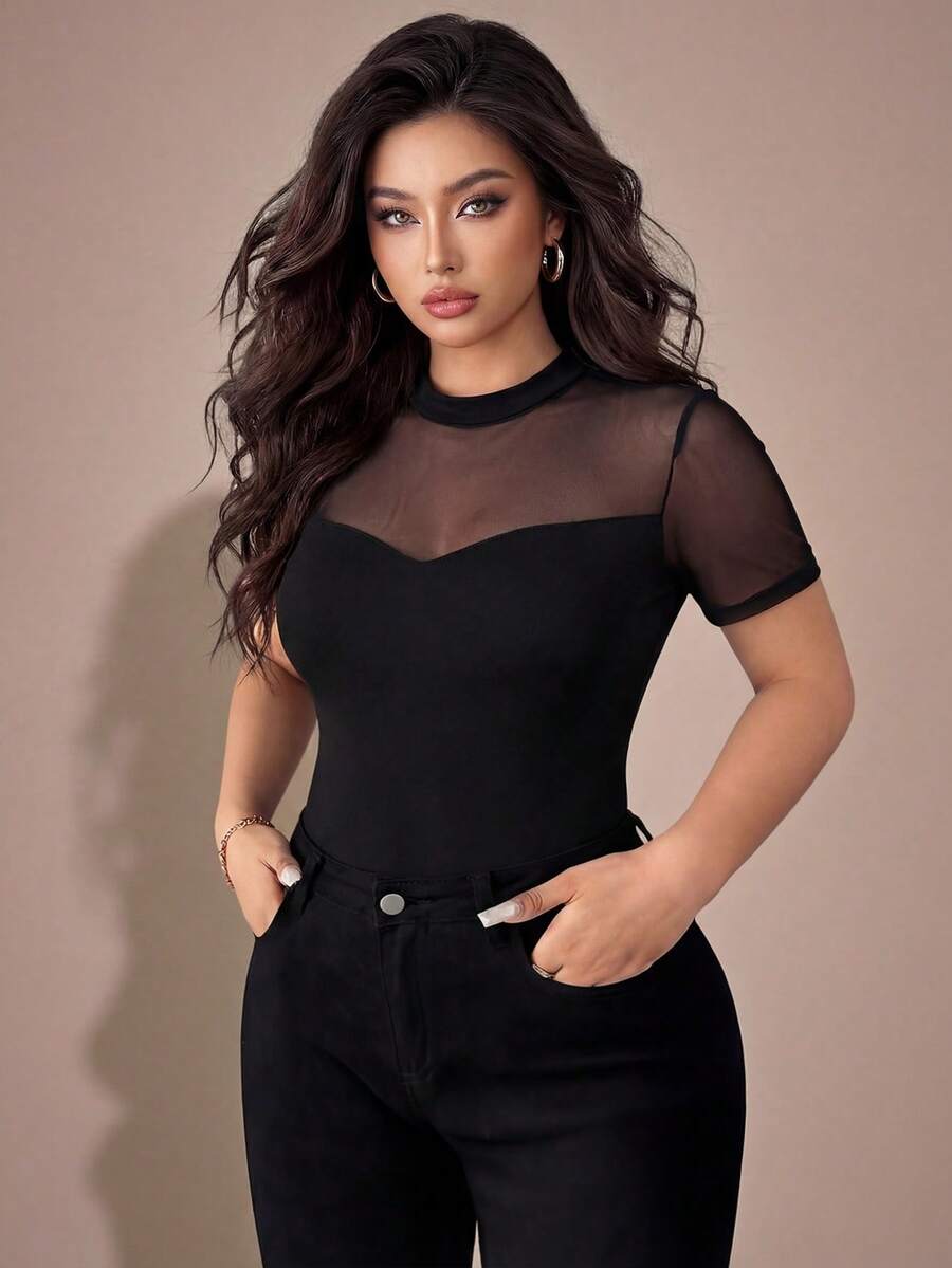 SHEIN Tall CURVE Plus Size Elegant Solid Color Stretchy Fitted Sheer T-Shirt - Black - View 1