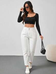 SHEIN Tall 女款休閒百搭純色錐形牛仔褲，適合高個女性 - 白色 - 查看 3
