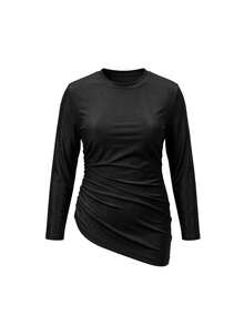 Swim Mulvari 1pc Đồ bơi Burkini cho nữ cỡ lớn màu trơn một bên xếp ly bảo vệ bụng thon gọn - màu đen - Xem 7