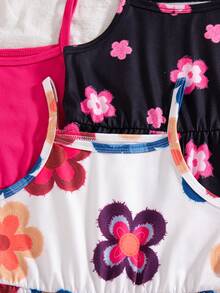 SHEIN Playful Pals Bộ 3 món đồ chơi mùa hè mới 2025 cho bé gái, áo liền quần và quần short in hoa và màu trơn, phong cách tối giản, thời trang cho kỳ nghỉ. - Nhiều màu - Xem 8