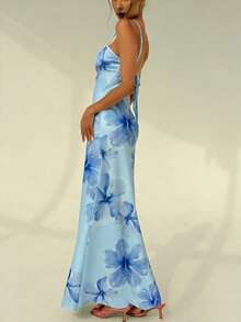 Aloruh Đầm ôm sát in họa tiết, dây mảnh, buộc eo, thích hợp cho kỳ nghỉ hè của nữ, dành cho mùa xuân/hè. - Màu xanh lam - Xem 8