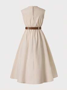 SHEIN Vestido casual sin mangas de cuello alto de niña preadolescente con rayas tejidas - Multicolor - Ver 4