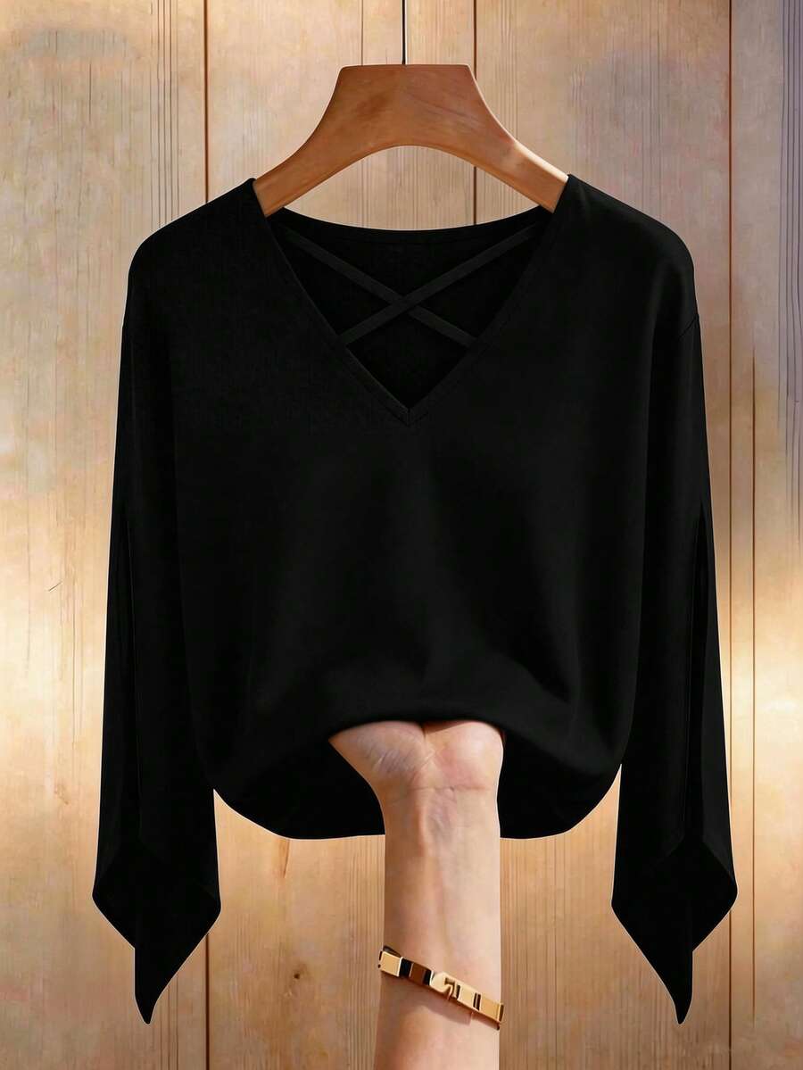 Breezaya Plus Size Women's Casual Vacation Style Solid Color V-Neck Split Sleeve Blouse, Spring/Summer/Autumn - Black - View 1
