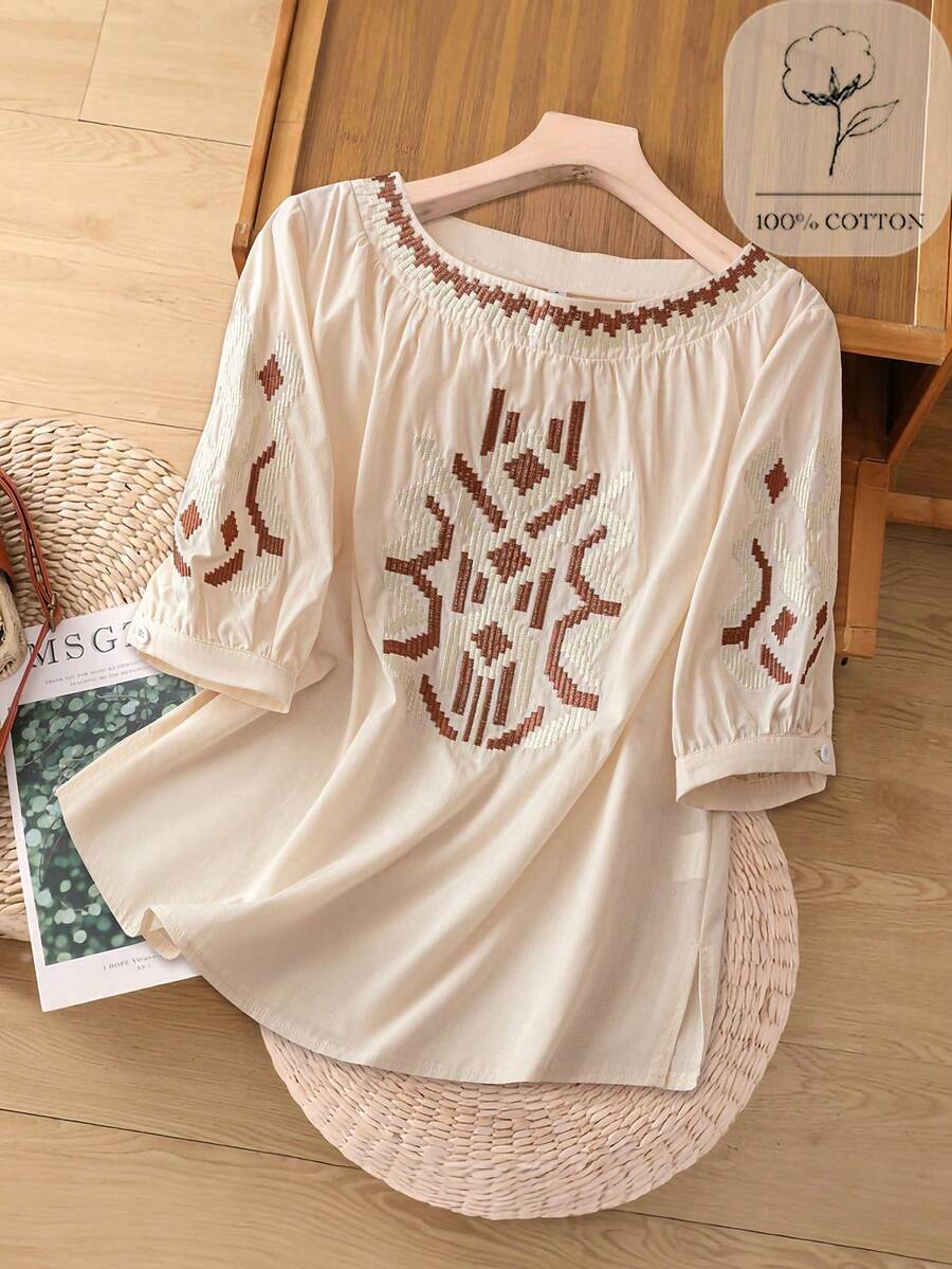 Franclia Retro Heavily Embroidered Half Sleeve Crew Neck Casual Shirt - Apricot - View 1