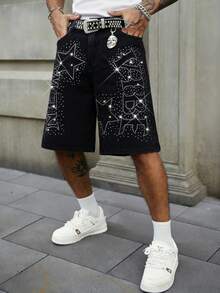 Manfinity EMRG Men's Hiphop Street Fashion Star Rhinestone Club Washed Black Wide Leg Denim Shorts - Black - View 7