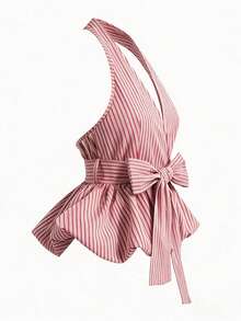2026 New Arrival Women's Wrap-Style Halter Top With Bow Tie Detail, Classic Striped Pattern - Versatile For Casual Daily, Office Commute, Relaxed Vacation Wear Pink Wrap Tops For Women Picnic Outfits For Women Summer Outfits For Women Halter Capri Brunch Outfits For Women 2 Piece Halter Tops For Women - Multicolor - View 3