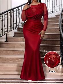 SHEIN Lady 大码女式贴花装饰网纱长袖褶皱修身鱼尾下摆优雅连衣裙 - 酒紅色 - 查看 2