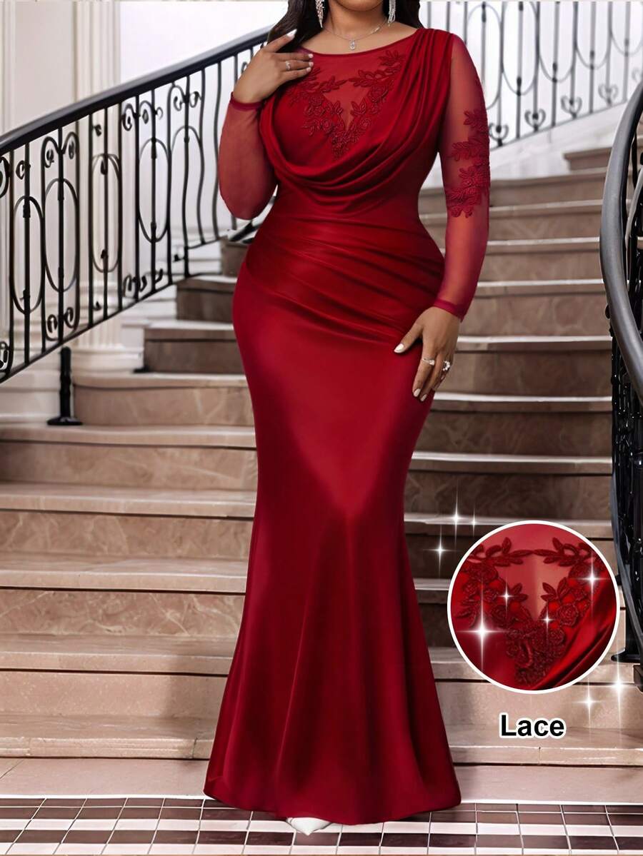 SHEIN Lady 大码女式贴花装饰网纱长袖褶皱修身鱼尾下摆优雅连衣裙