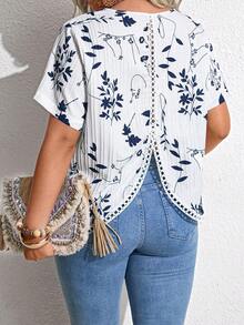 Breezaya Plus Size Women's Casual Vacation Plant Print Round Neck Short Sleeve Shirt - Multicolor - View 2