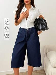 SHEIN 100%纯棉原色水洗刺绣牛仔短裤 - 深色水洗藍 - 查看 7