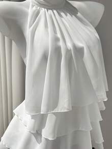 Elamini 白色雪纺立领露背吊带荷叶边衬衫，女士夏季通勤甜美可爱度假浪漫简约设计百搭 - 白色 - 查看 6