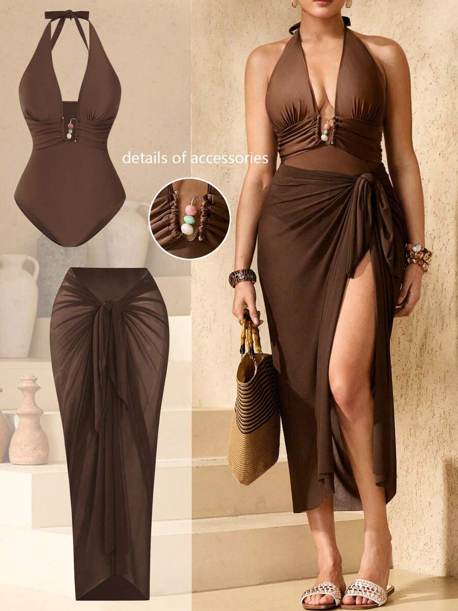 Swim Oasis Plus Size Women 2pcs Coffee Brown Deep V Neck One-Piece Swimsuit With Coffee Brown Mesh Wrap Skirt, Beach Holiday - Coffee Brown - View 1