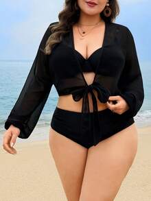 SHEIN Swim 大码女式纯色长袖宽松休闲度假开衫 - 黑色 - 查看 3