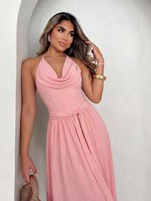 Xyvia Sleeveless Spaghetti Strap Waist Gathered A-Line Elegant Romantic Dress For Women - Dusty Pink - View 4