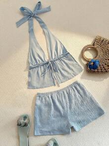 Sunnyshic Women's Sexy Halter Metal Buckle Top And Low-Waist Shorts Set, Textured Fabric, Beach/Resort Outfit - Baby Blue - View 2